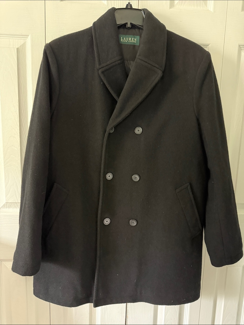 Lauren Ralph Lauren Black Double-Breasted Wool Pea Coat Quilt Lined Sz 46L